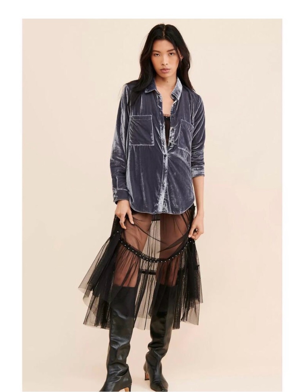 Pilcro Anthropologie Hadley Grey/Lavender relaxed velvet button down blouse